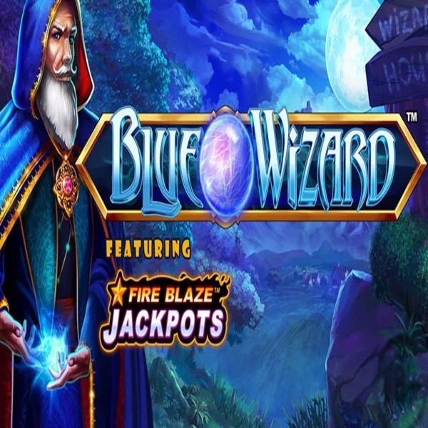 Blue Wizard Fire Blaze Jackpots slot logo by Rarestone Gaming at Kingmaker Casino