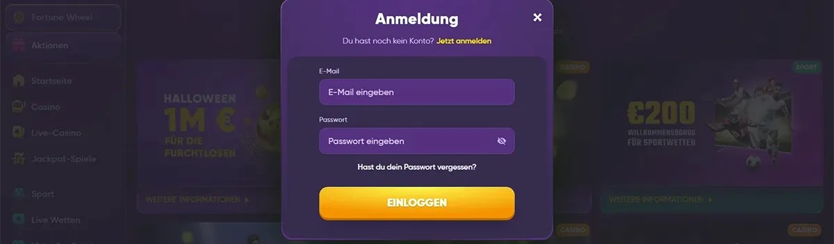 Kingmaker login modal in German with email and password input fields, password recovery link, and a yellow “Log In” button.
