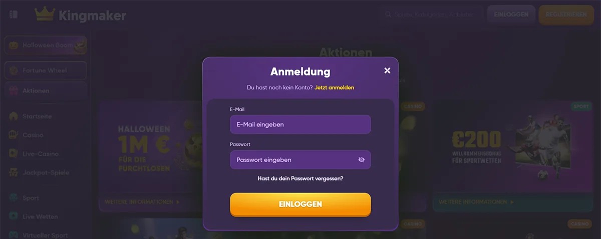 Kingmaker login modal in German with email and password input fields, password recovery link, and a yellow “Log In” button.