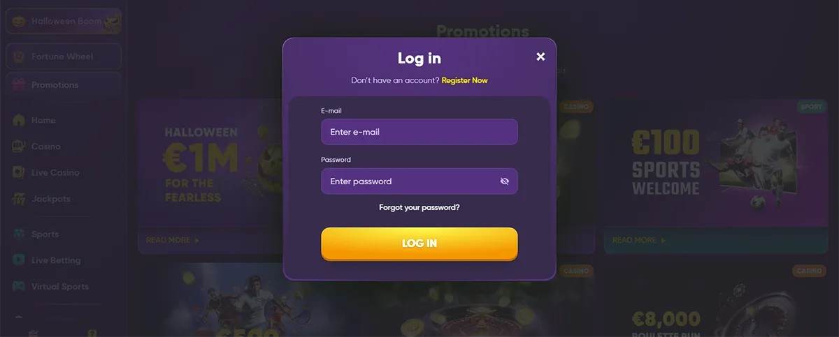 Kingmaker login modal in English with email and password input fields, a password recovery link, and a yellow “Log In” button.