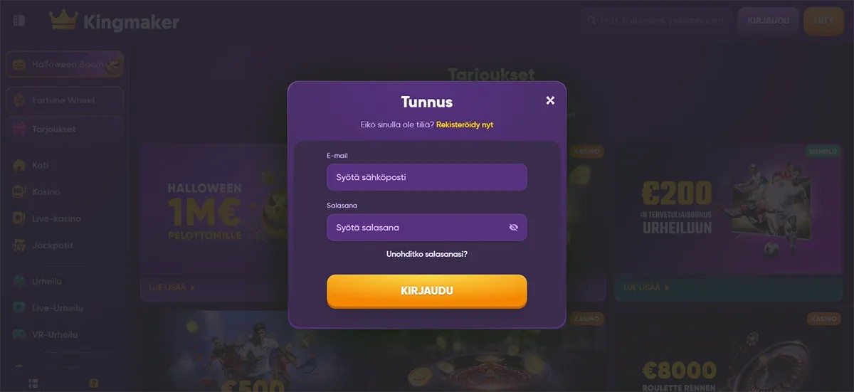Kingmaker login modal in Finnish with email and password input fields, a password recovery link, and an orange “Log In” button.