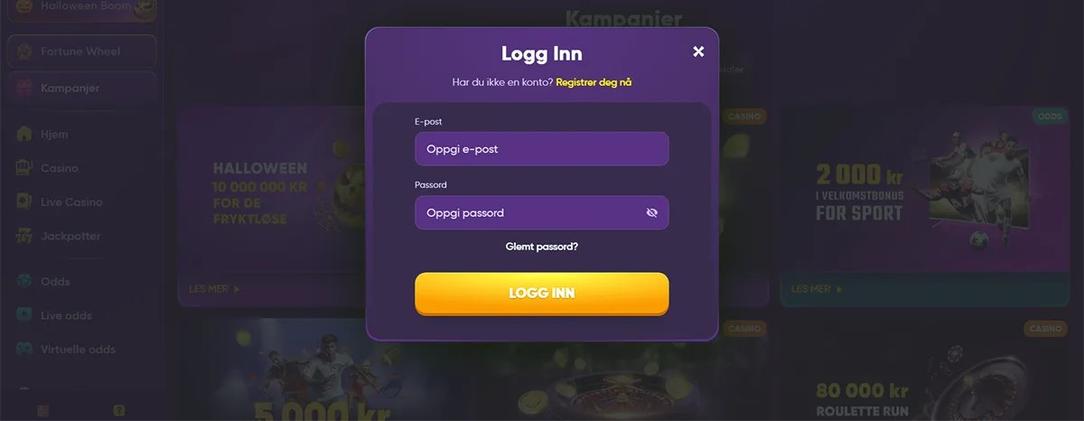 Kingmaker login modal in Norwegian with email and password input fields, a password recovery link, and a yellow “Log In” button.
